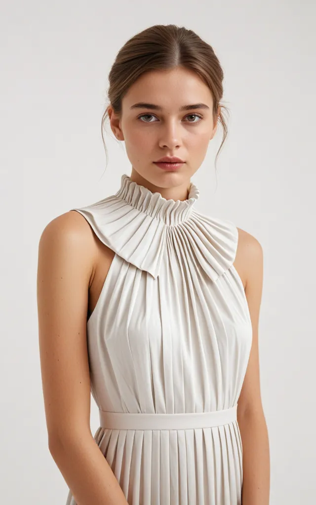 A European female model wearing a dress with a Gathered   and   pleated collar, white background, bust portrait